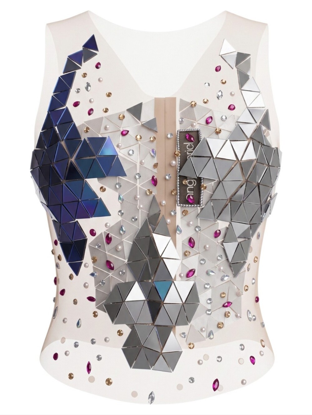 Angel Brinks Mirror Top XS Nude Mesh 3D Shard Festival Stage Rave Flawless